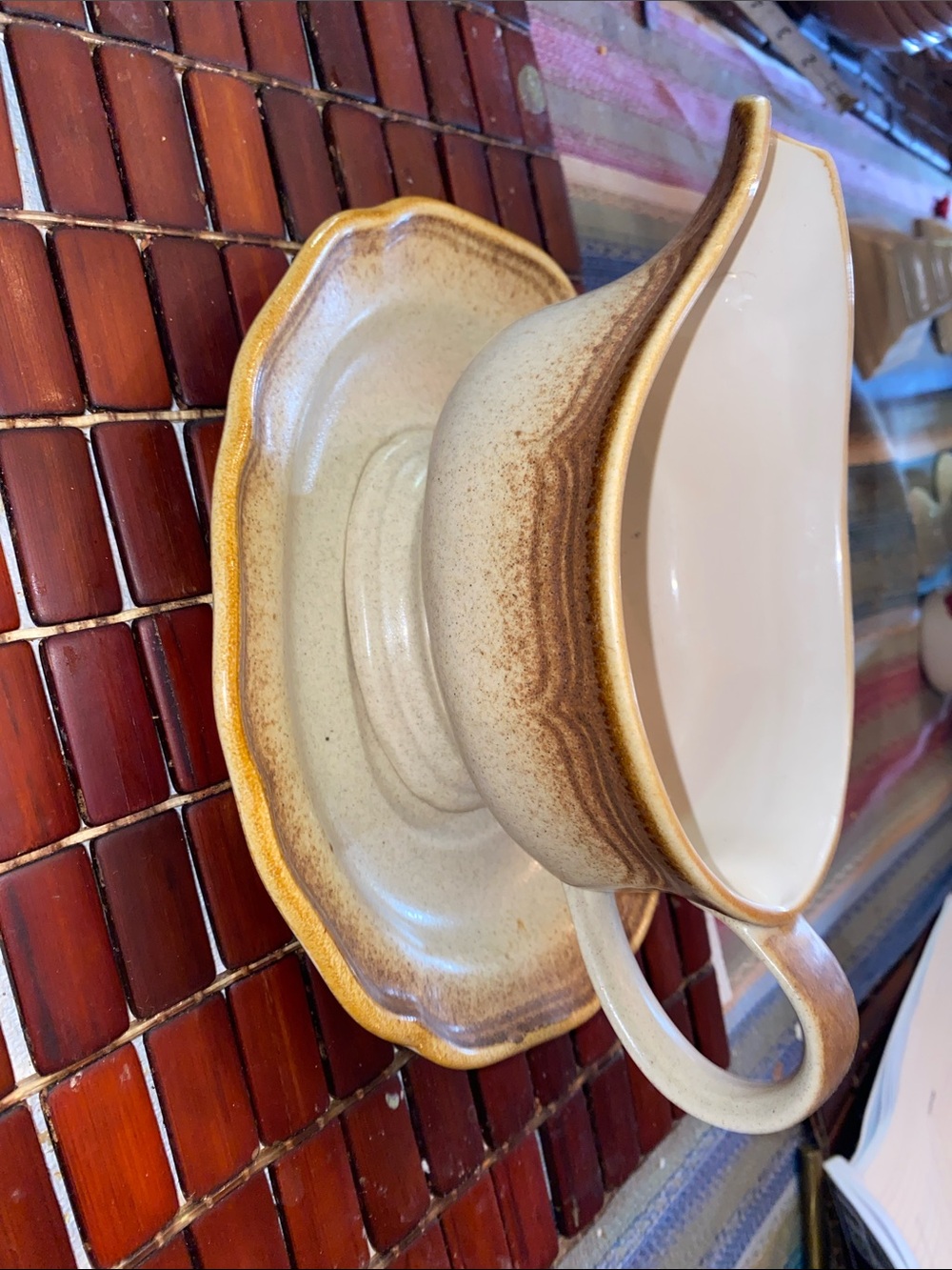 Vintage Mikasa Whole Wheat Brown and Cream Stoneware Gravy Boat with Saucer